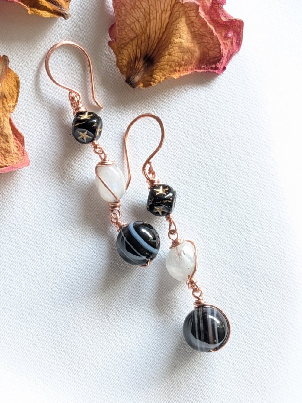 Copper Earrings with Banded Agates, Czech Glass Star Cubes and Moonstones - Picture 10 of 10